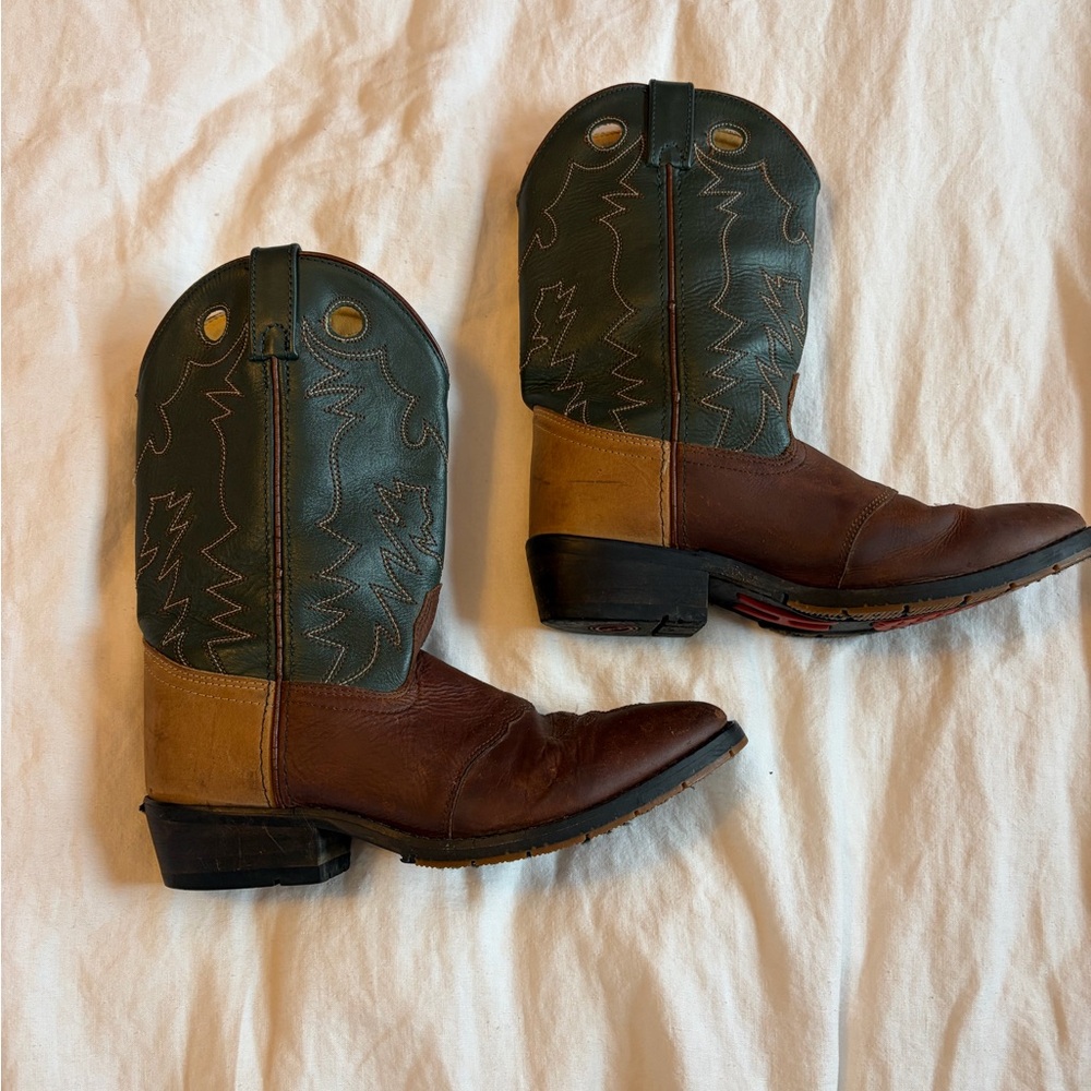 Double H Kids Brown and Green Western Cowboy Boots